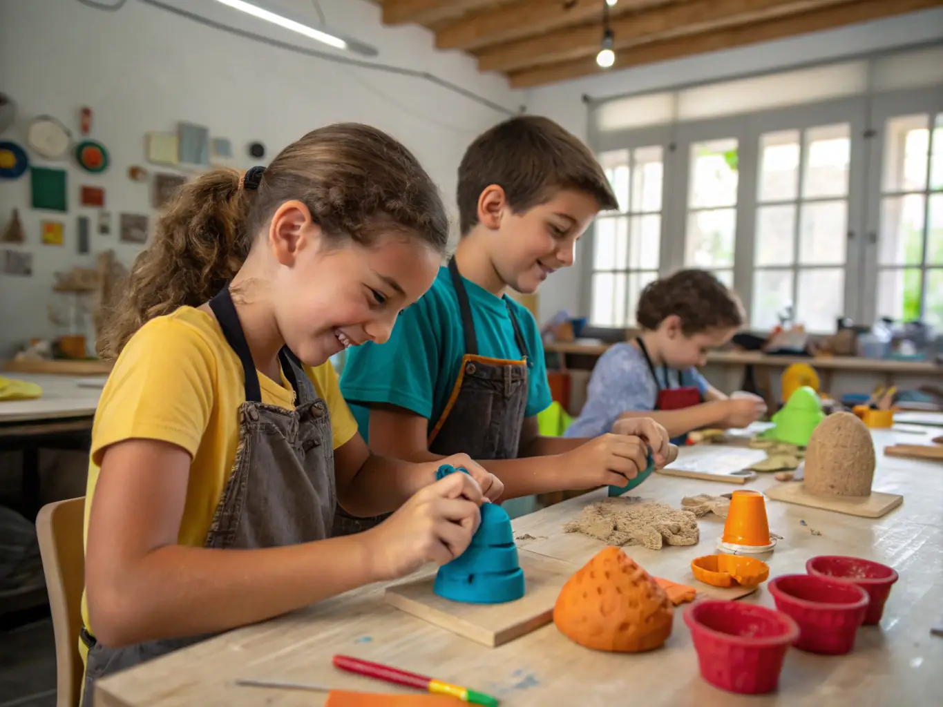 A group of children participating in an interactive pottery workshop at MUSEE DU VEINAZES, with instructors guiding them in a bright and creative studio setting.
