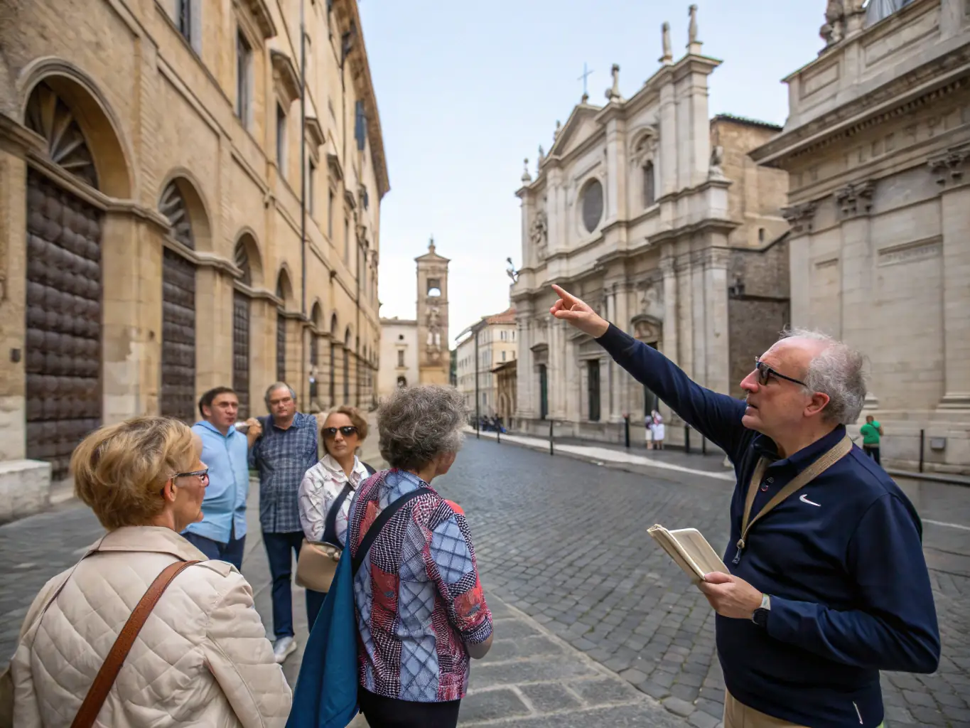 A photograph of participants on a guided walking tour through the historic streets of Veinazès, led by a knowledgeable local guide, showcasing architectural landmarks.