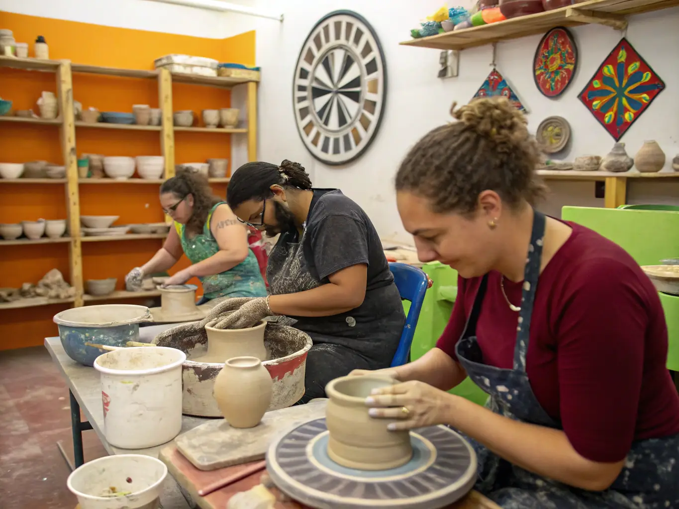 A group of children participating in a pottery workshop at MUSEE DU VEINAZES, focusing on traditional Veinazès pottery techniques. The image should convey a sense of creativity, learning, and cultural immersion.