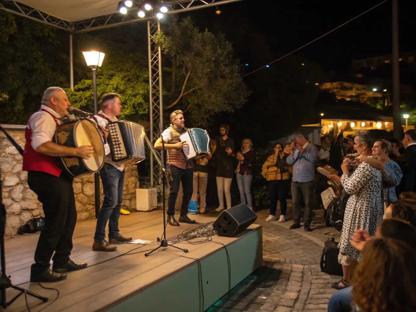 A vibrant scene from a traditional Veinazès folk music performance at the museum, featuring musicians in traditional attire playing local instruments.