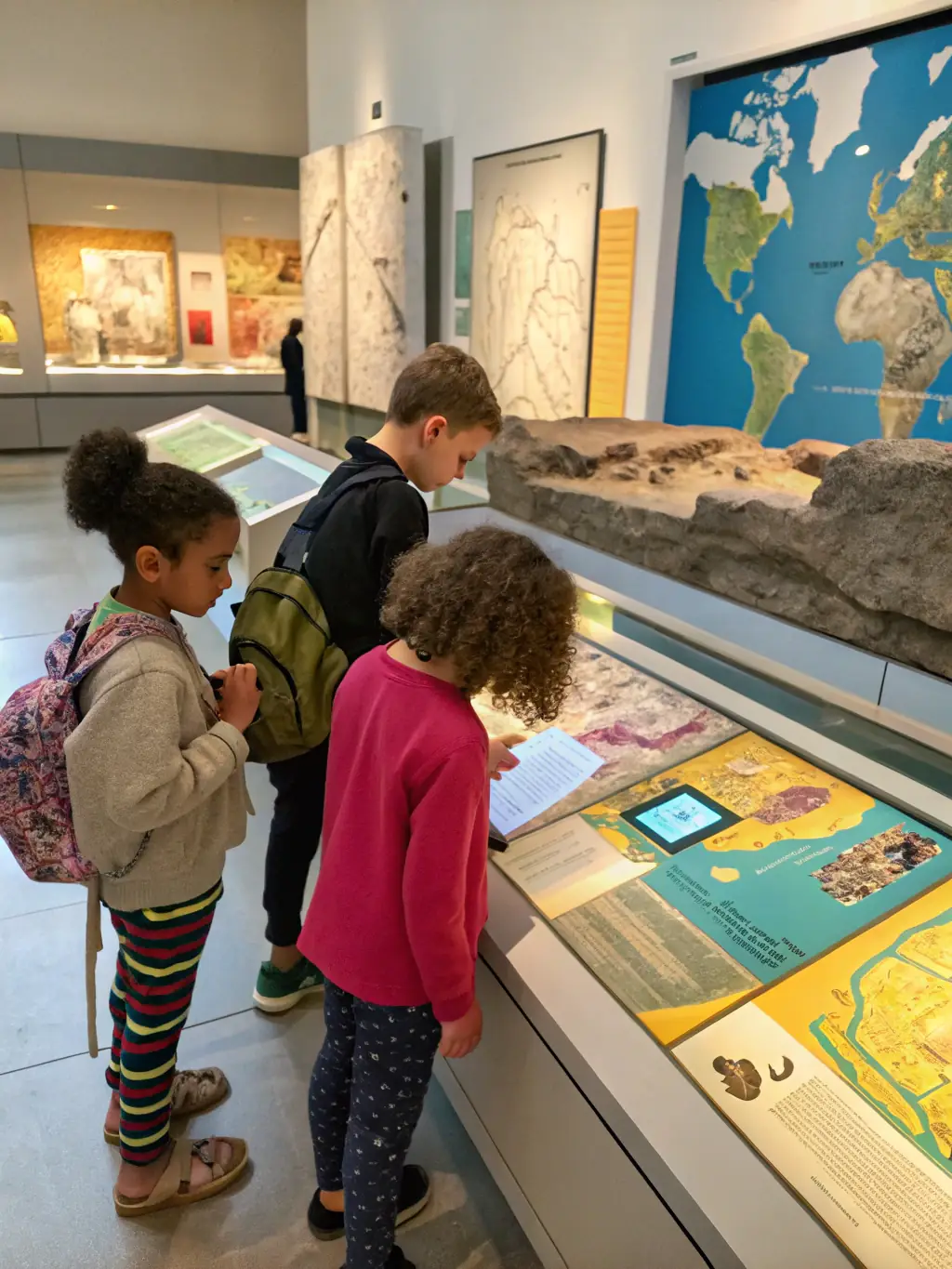 A photograph of children participating in an interactive history workshop at the MUSEE DU VEINAZES, surrounded by historical artifacts and engaging with a museum educator.